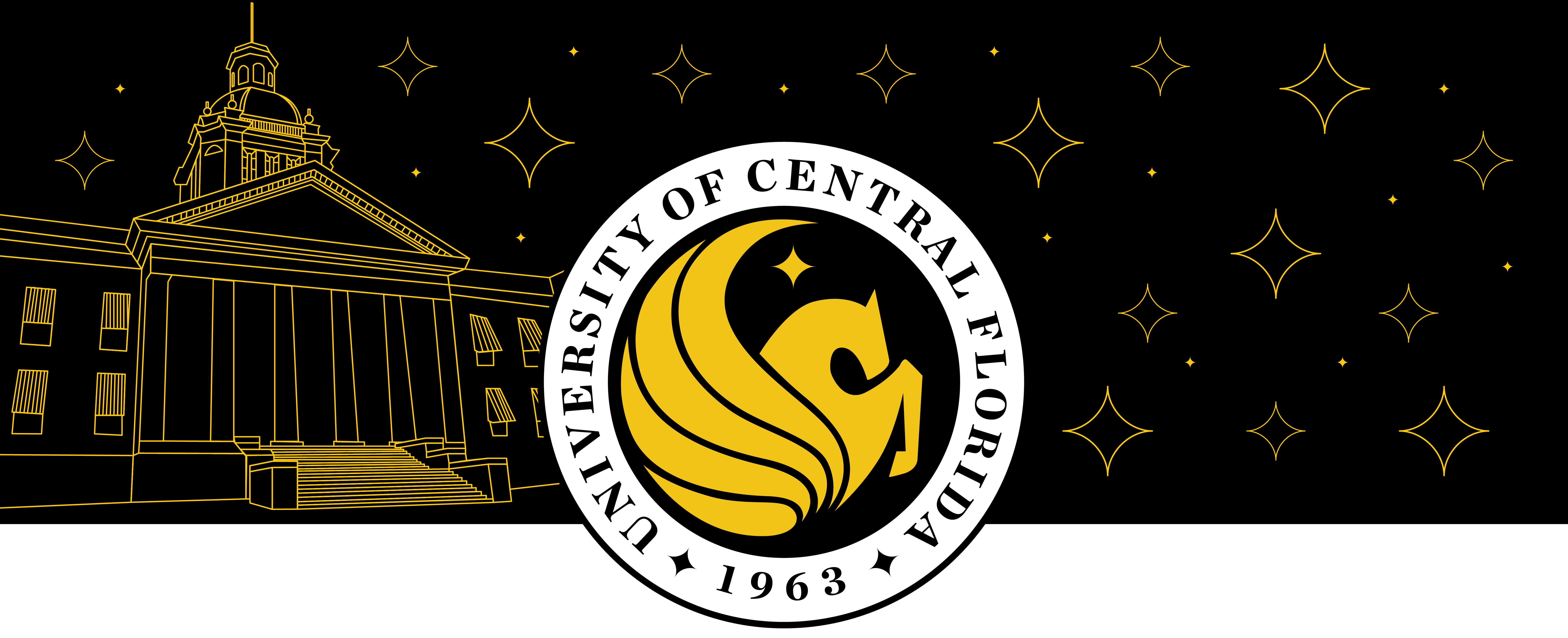 Header image with a black background with a simple outline of the Florida State Capitol in gold with the UCF seal in the middle