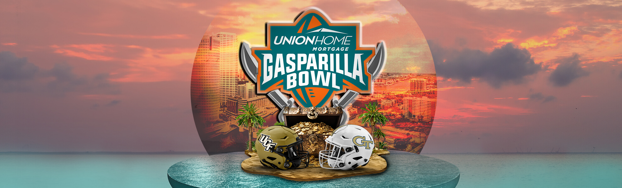 Graphic for the event with a sunset in the background and the logo of the Union Home Mortgage Bowl in the foreground