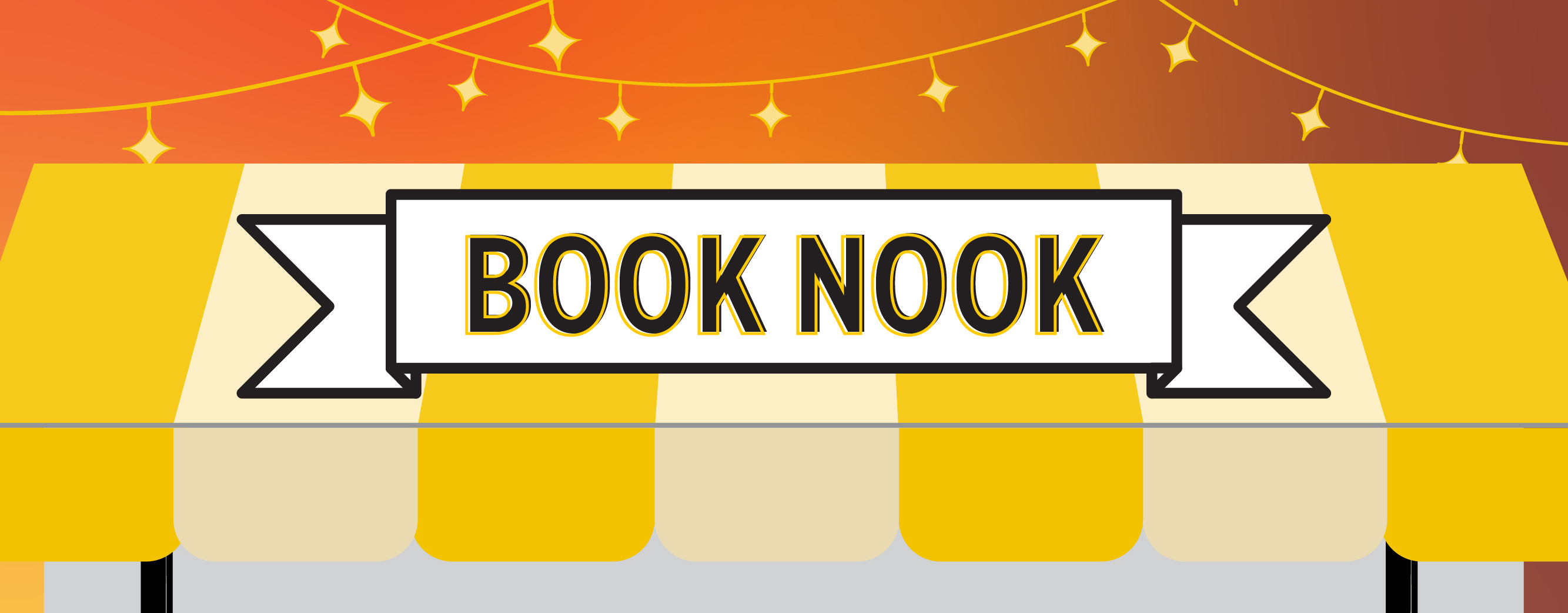 Event graphic with the word Book Nook on top of a festive tent