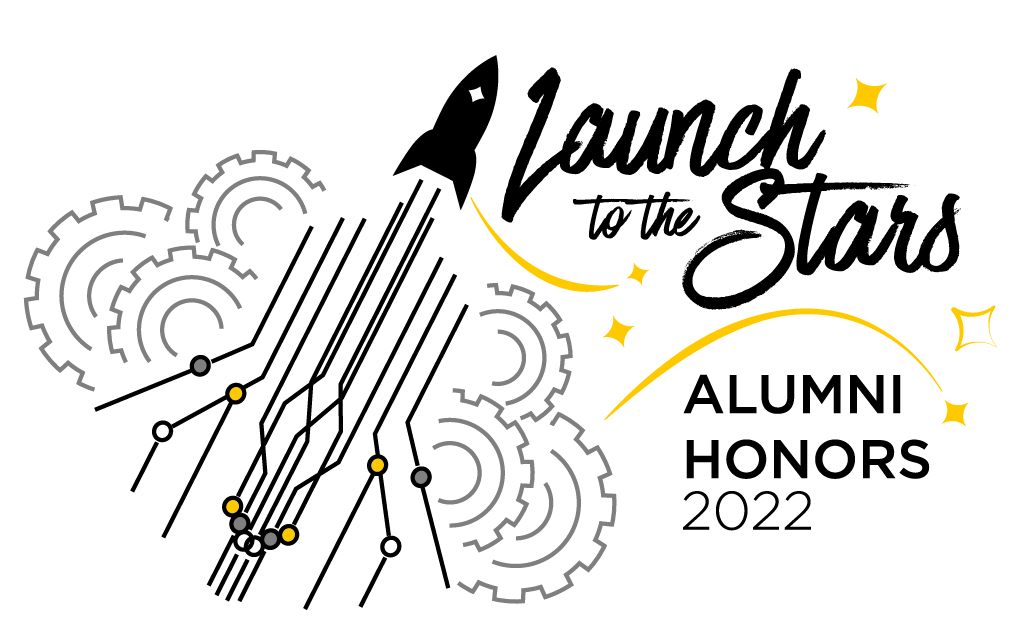 Graphic with a drawing of a rocket launch and the words Launch to the Stars Alumni Honors 2022 in black and gold