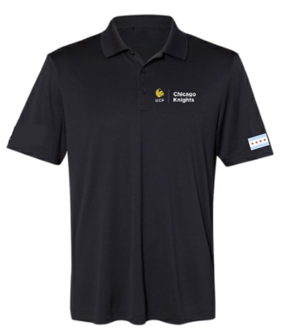 Image of the polo in black unisex style with the logo for the Chicago UCF Knights Community logo and a chicago flag on the sleeve