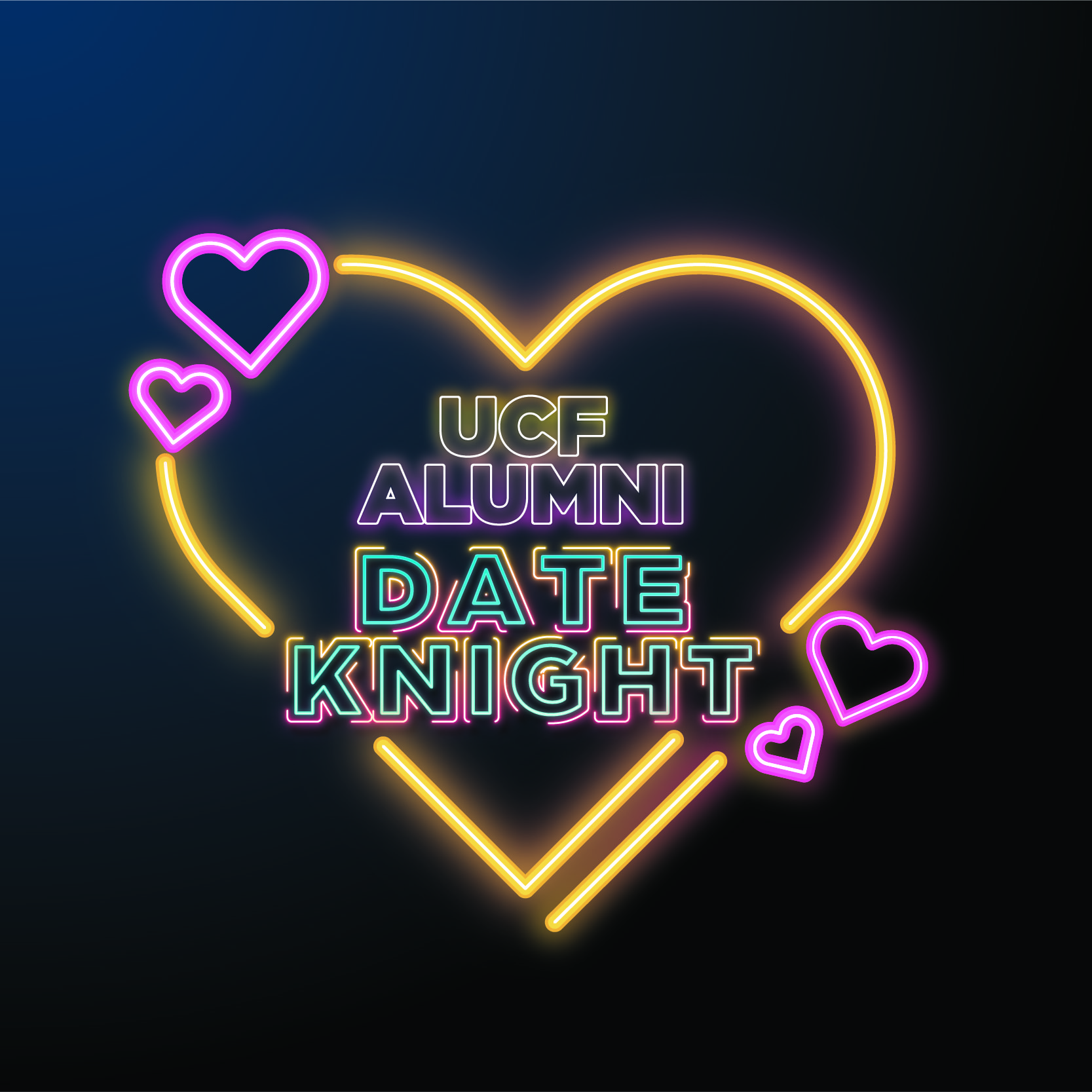 Logo for Date Knight with a large gold heart on a black background with the words UCF Alumni Date Knight inside the heart and several smaller pink hearts on the edge of the gold heart.