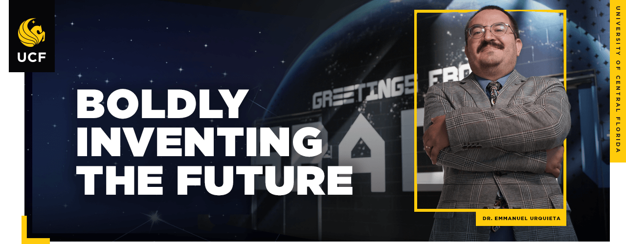 Event graphic with the UCF logo next to the words University of Central Florida Boldly Inventing the Future with a headshot of speaker