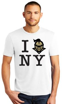 Image of the shirt in white in the style of I heart NY but the heart is a Knightro head