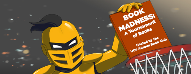 Graphic of Knightro dunking a book into a basketball hoop. The book has the name of the event "Book Madness: A Tournament of Books" on it.