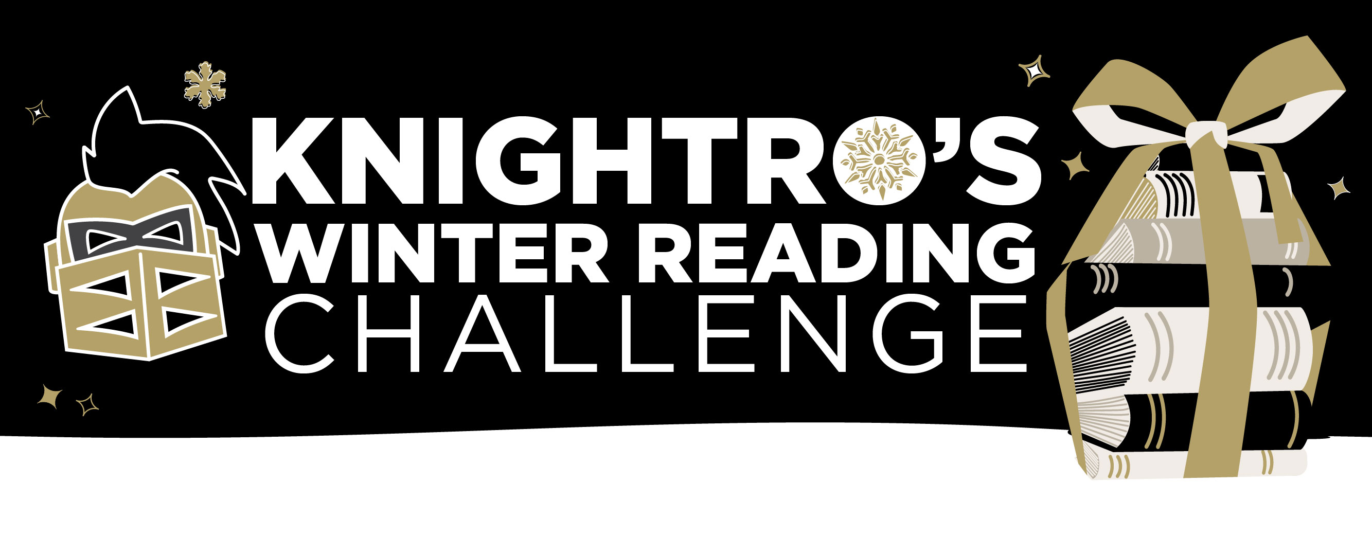 Event graphic in black, white and gold with the title of the event Knightro's Winter Reading Challenge next to a Knightro head and a stack of books with a bow